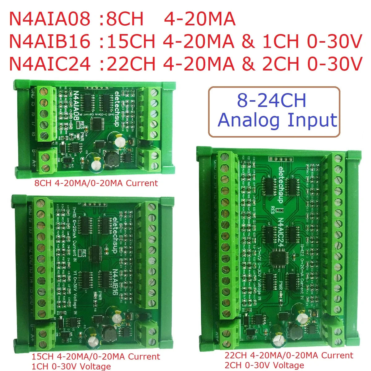 N4AIA08/N4AIB16/N4AIC24 8-24CH 4-20mA Current Transducer – RS485 Modbus RTU Analog Input Module with 12-bit ADC for PLC SCADA