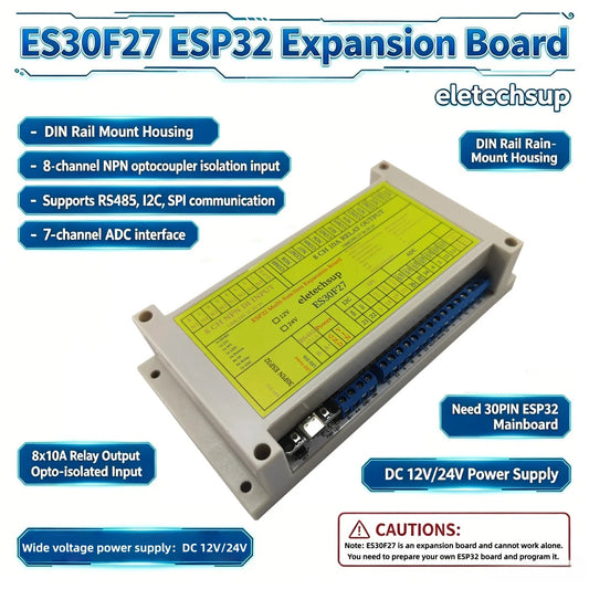 ES30F27 ESP32 Industrial DIN Rail Expansion Board – 8DI 8DO 10A Relay 7ADC RS485 I2C SPI GPIO for PLC IoT Automation