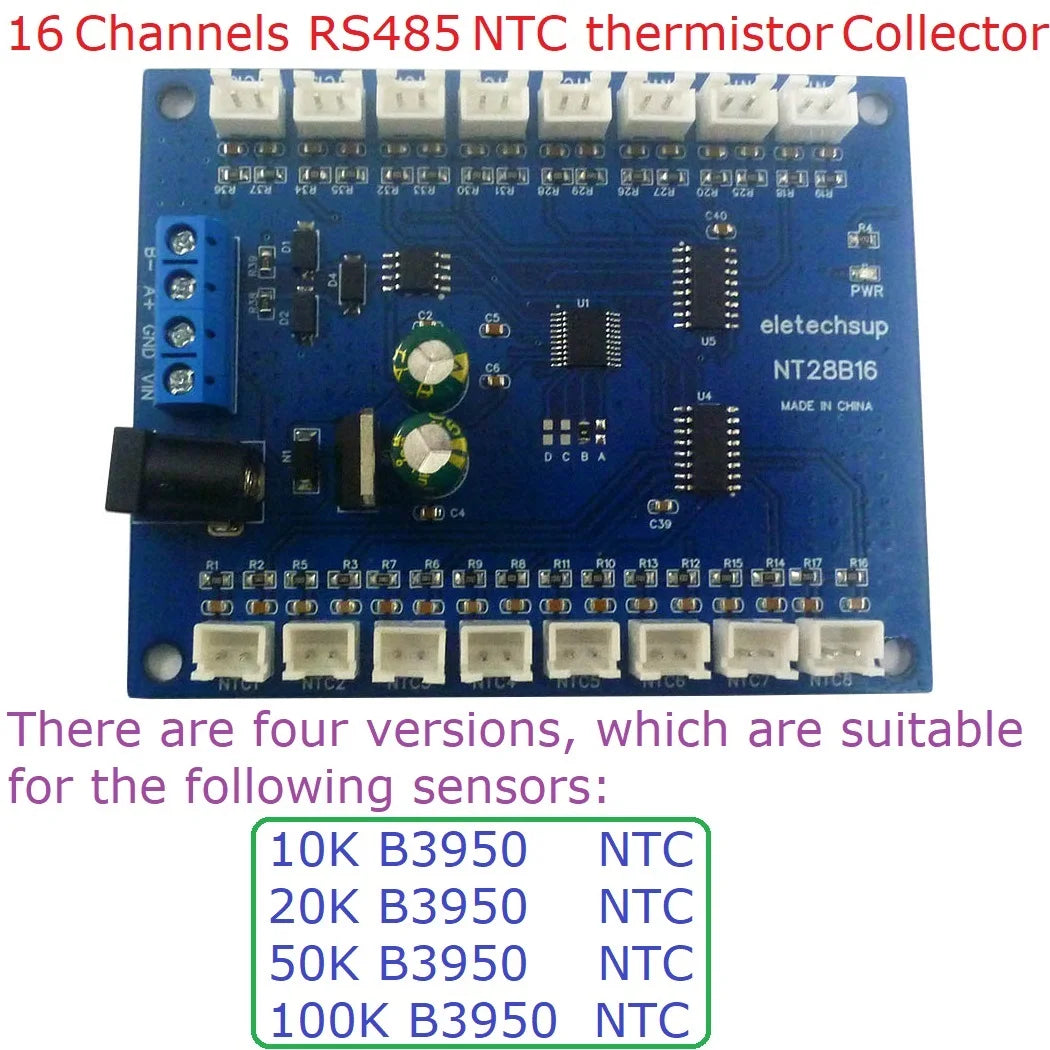 NT28B16 16CH RS485 Temperature Collector – Modbus RTU Paperless Recorder with 10K/20K/50K/100K B3950 NTC Sensor for PLC SCADA