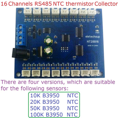 NT28B16 16CH RS485 Temperature Collector – Modbus RTU Paperless Recorder with 10K/20K/50K/100K B3950 NTC Sensor for PLC SCADA