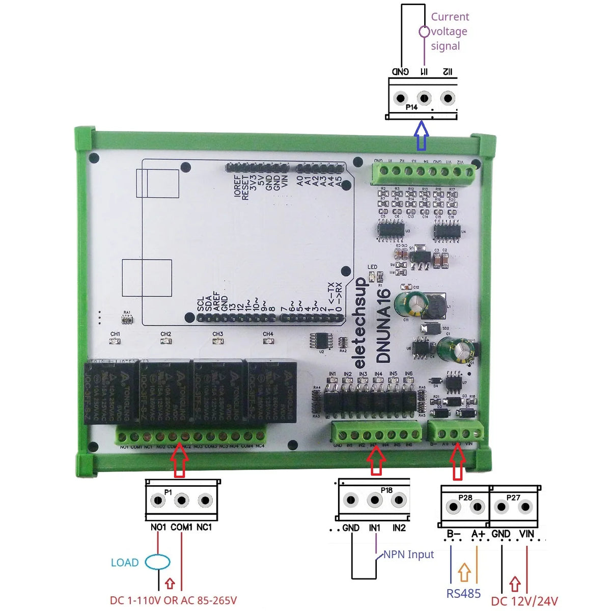 DNUNA16 DIN Rail Analog Digital IO Expansion Board – 6DI-4DO-6AI RS485 Module for Arduino UNO Simple PLC DIY