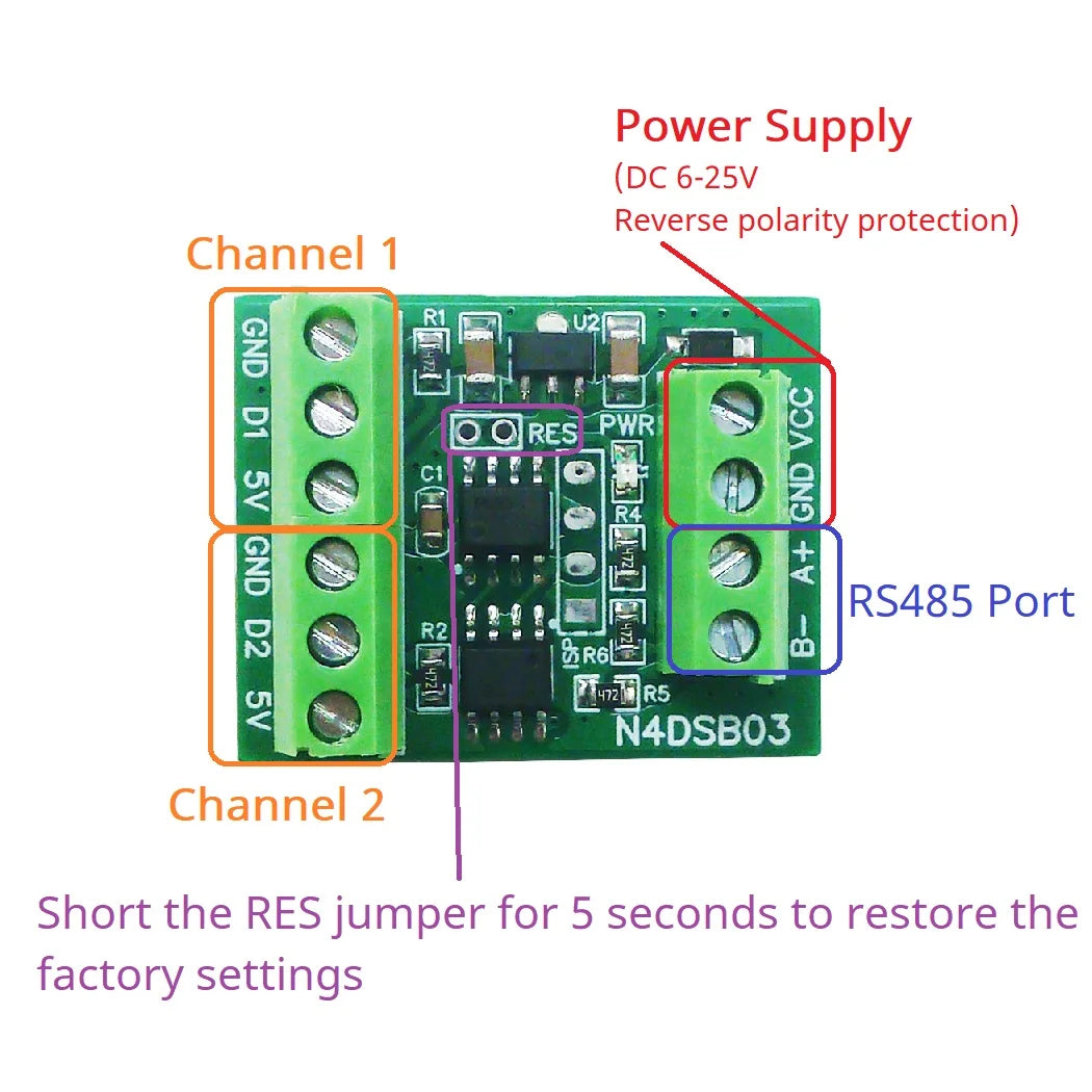 N4DSB03 2-Channel DS18B20 Temperature Acquisition Module, RS485 Modbus, -55°C to 125°C Remote I/O Adapter for PLC and HMI