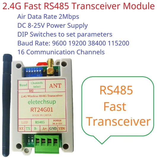 RT24G01 2Mbps 2.4G Wireless RS485 Transceiver – 20dBm DIN Rail DTU Module with DIP Switch & Modbus RTU for PLC Industrial Automation