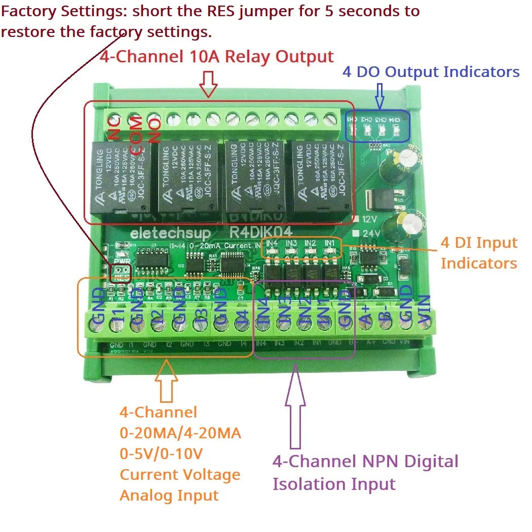 R4DIK04/R4DVI04 4AI-4DI-4DO Mixed IO Module – RS485 Modbus RTU 4-20mA/0-10V Analog Digital Relay Board for PLC Remote IO Expansion