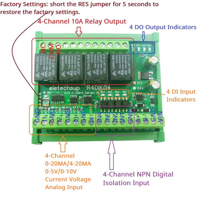 R4DIK04/R4DVI04 4AI-4DI-4DO Mixed IO Module – RS485 Modbus RTU 4-20mA/0-10V Analog Digital Relay Board for PLC Remote IO Expansion