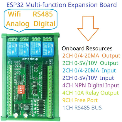 ES32C14 Industrial ESP32 Wi-Fi Ethernet Relay Control Board with Analog and Digital I/O, Modbus TCP/RTU Automation Expansion Module