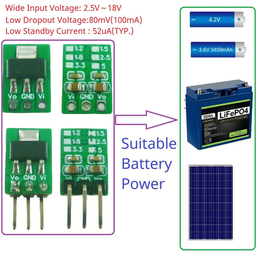 LO1117MB 1A Ultra-Low Dropout LDO Regulator – 2.5-18V to 1.2V/1.8V/2.5V/3.3V/5V Step-Down Module for Li-ion LiFePO4 Solar Battery
