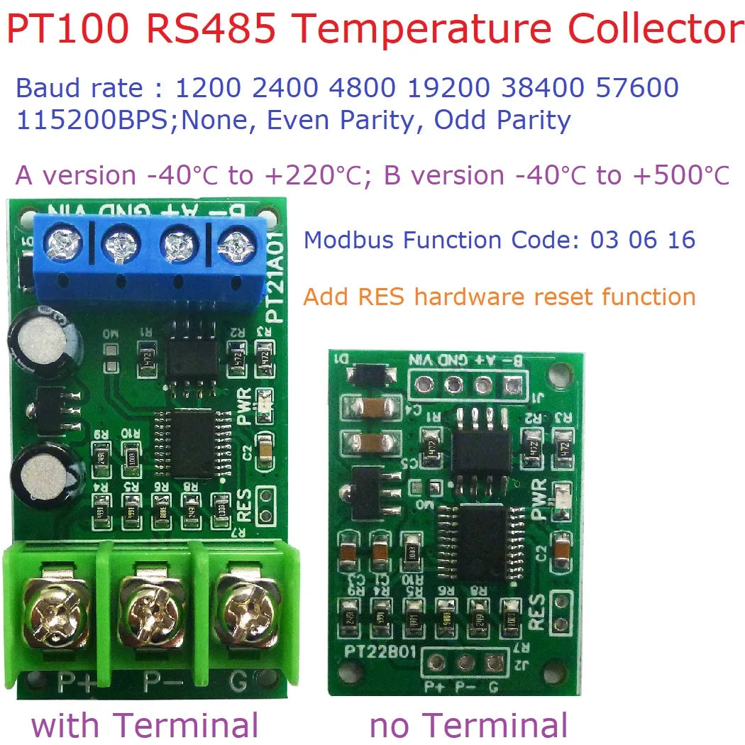 PT22B01 RS485 PT100 RTD Temperature Module – -40~500°C 1-Channel Modbus RTU Sensor Board for PLC SCADA Industrial Automation
