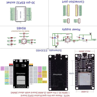ES30485 ESP32 DIN Rail Expansion Board – 7-30V to 5V/3.3V Power Module with RS485 for WiFi Bluetooth IoT MQTT Smart Home DIY