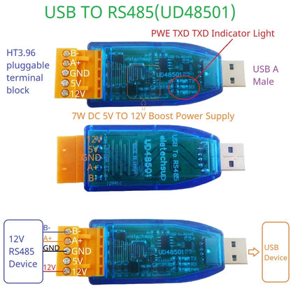 UD23202/UDTTL03 USB to RS485 RS232 TTL Converter – 12V 5V VCC Output Industrial Serial Adapter for PLC HMI PTZ Smart Home Debugging