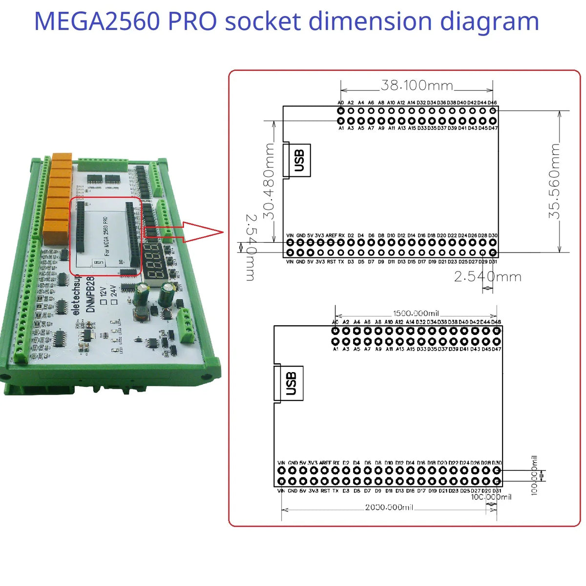 DNMPB28 16AI-16DI-16DO Relay Board for Arduino MEGA2560 Pro – 4-20mA/0-10V Analog Input RS485 Modbus MOS Relay IO Expansion