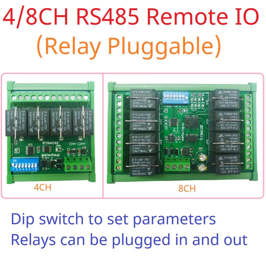 RYN404E/RYN408F 4/8CH Pluggable Relay Module – RS485 Modbus RTU with DIP Switch Slave ID & Baud Rate for PLC Automation