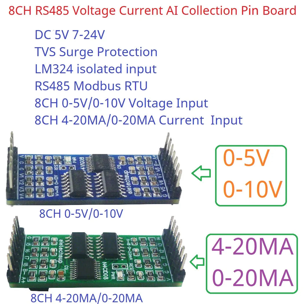 N4VIG08 8AI Multifunction Analog Input Module – 0-5V/0-10V/4-20mA to RS485 Modbus RTU ADC Collector with 2.54mm Pin Header for PLC SCADA