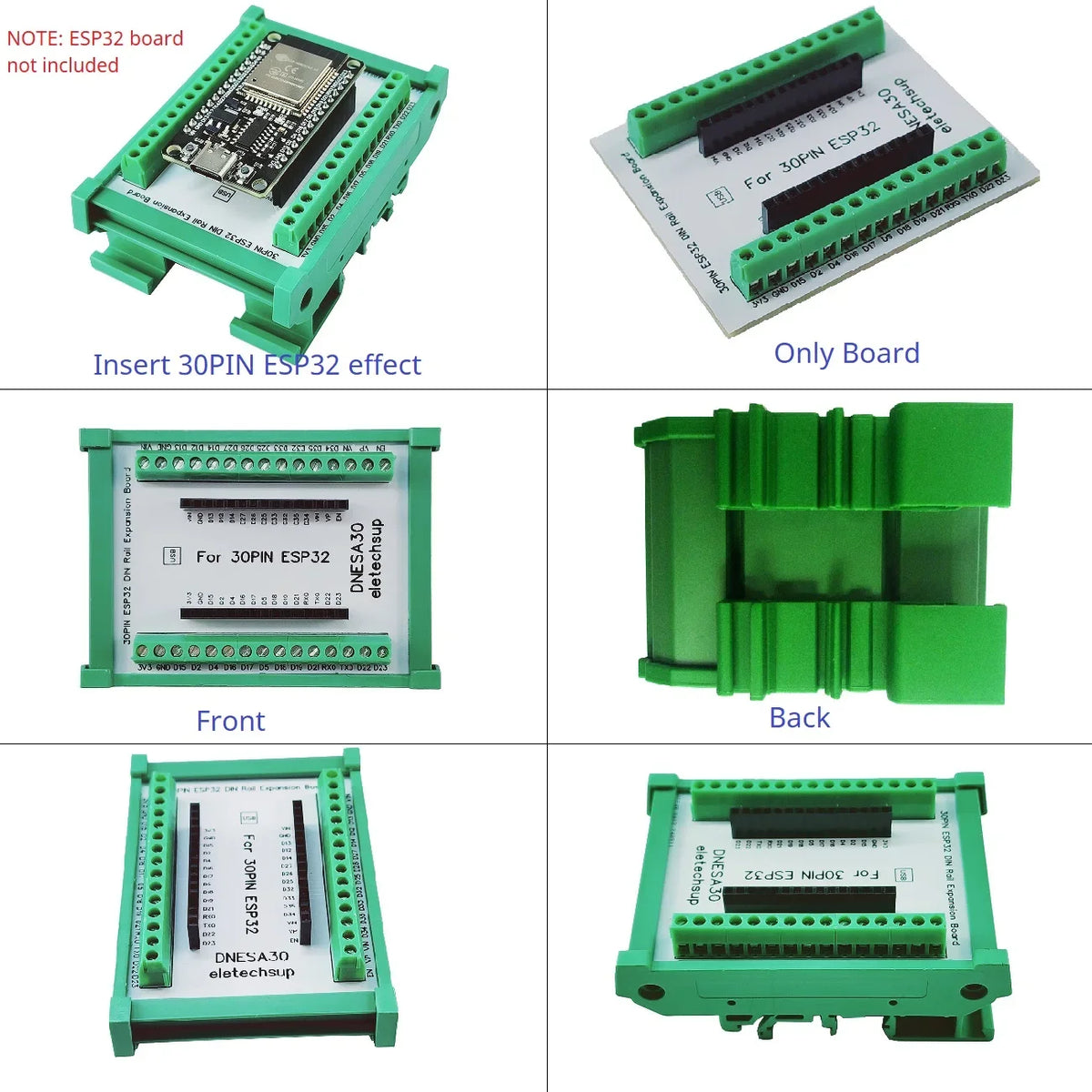 DNESA30 ESP32 DIN Rail Mount Screw Terminal Adapter – 3.96mm Breakout Board for 30/38-Pin ESP32 WROOM-32 DevKitC with DIN35/C45 Rail