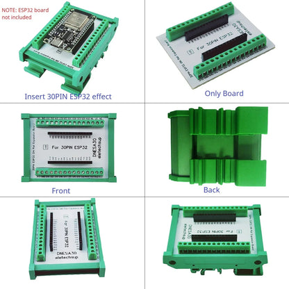 DNESA30 ESP32 DIN Rail Mount Screw Terminal Adapter – 3.96mm Breakout Board for 30/38-Pin ESP32 WROOM-32 DevKitC with DIN35/C45 Rail
