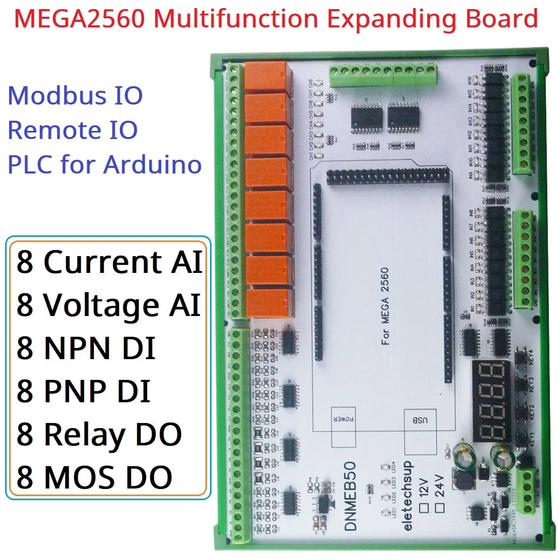 DNMEB50 16AI 16DI 16DO RS485 Modbus I/O and Relay Expansion Board, Compatible with Arduino MEGA 2560 and PLC Control