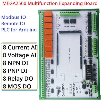 DNMEB50 16AI 16DI 16DO RS485 Modbus I/O and Relay Expansion Board, Compatible with Arduino MEGA 2560 and PLC Control