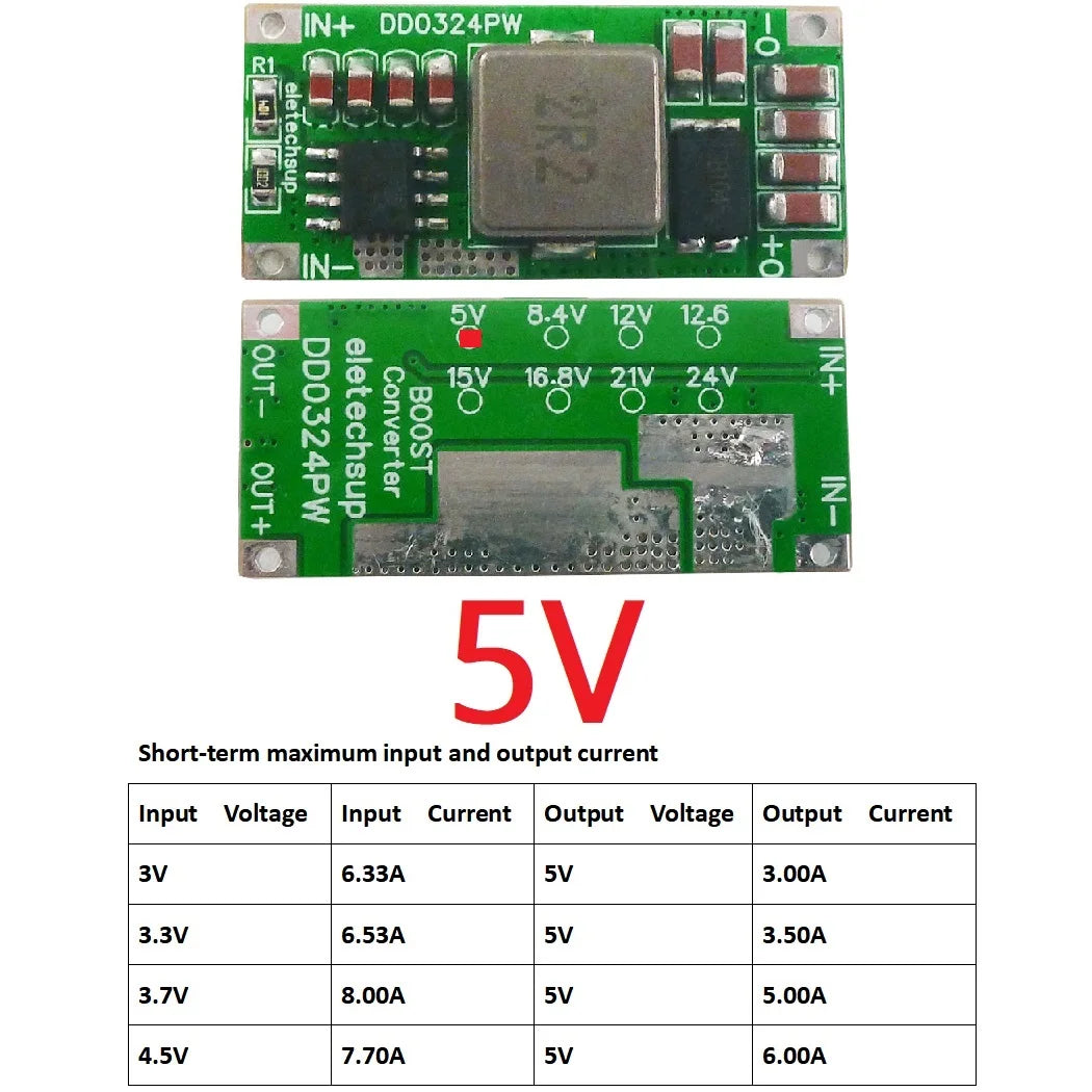 DD0324PW 8A 100W DC-DC Boost Converter – 2.7-5.5V to 8.4V/12.6V/16.8V/21V/24V Step-Up Voltage Regulator for 2-5S Li-ion Battery