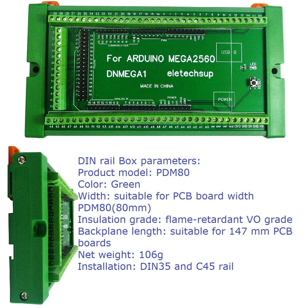 DNMEGA1 DIN Rail Mount Screw Terminal Adapter – 3.96mm Breakout Board for Arduino MEGA2560 R3 Industrial Control PLC Projects