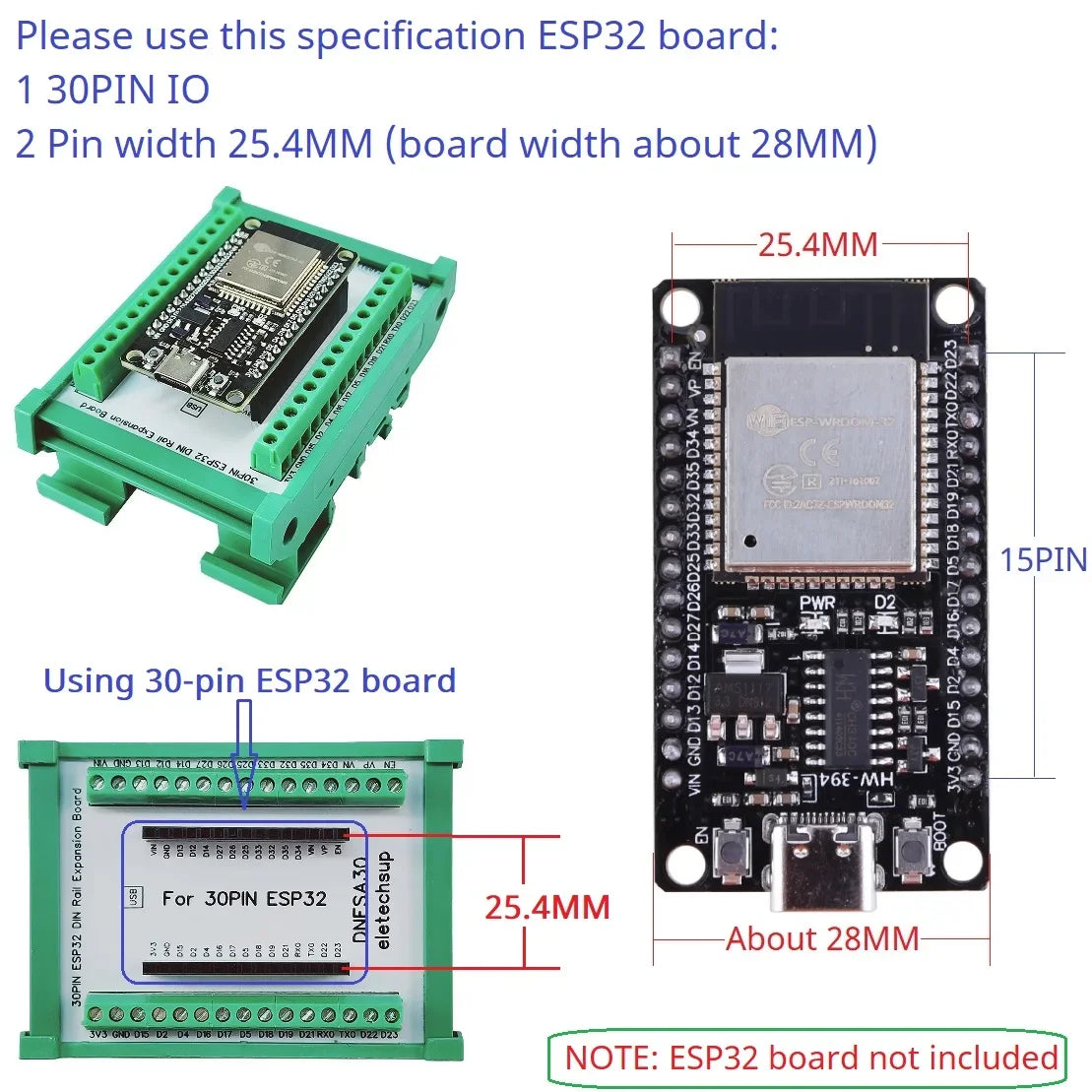 DNESA30 ESP32 DIN Rail Mount Screw Terminal Adapter – 3.96mm Breakout Board for 30/38-Pin ESP32 WROOM-32 DevKitC with DIN35/C45 Rail