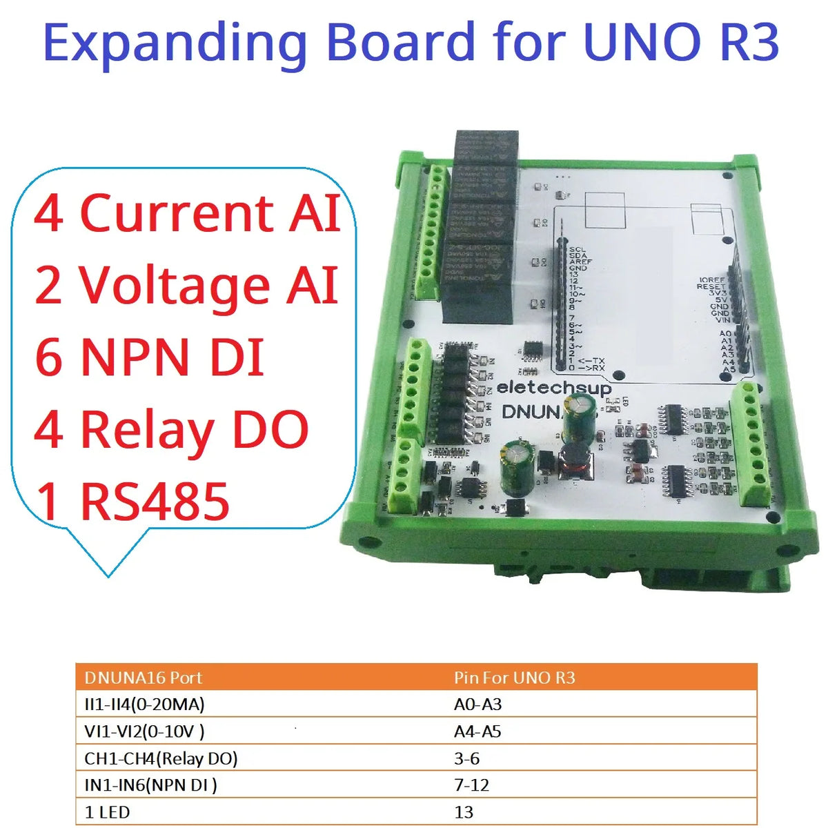 DNUNA16 DIN Rail Analog Digital IO Expansion Board – 6DI-4DO-6AI RS485 Module for Arduino UNO Simple PLC DIY