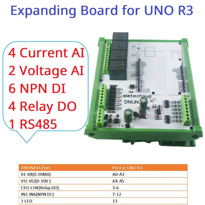 DNUNA16 DIN Rail Analog Digital IO Expansion Board – 6DI-4DO-6AI RS485 Module for Arduino UNO Simple PLC DIY