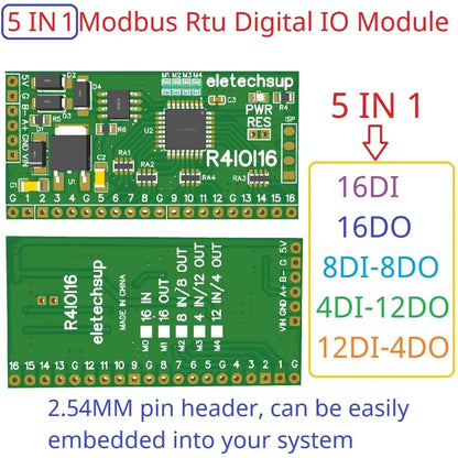 R4IOI16 16CH 5-in-1 Configurable Modbus RTU Digital IO Module – 16DI/16DO/8DI-8DO/4DI-12DO/12DI-4DO RS485 NPN/PNP Pin Core Board for PLC Expansion