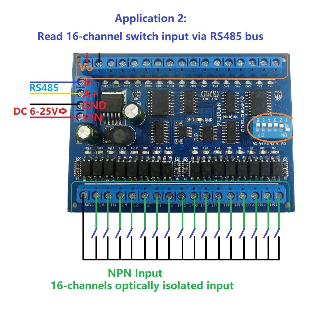 N4D3E16 16DI 16DO RS485 Modbus RTU Remote I/O Module, DC 9V/12V/24V, Digital Switch Control Board for PLC and HMI