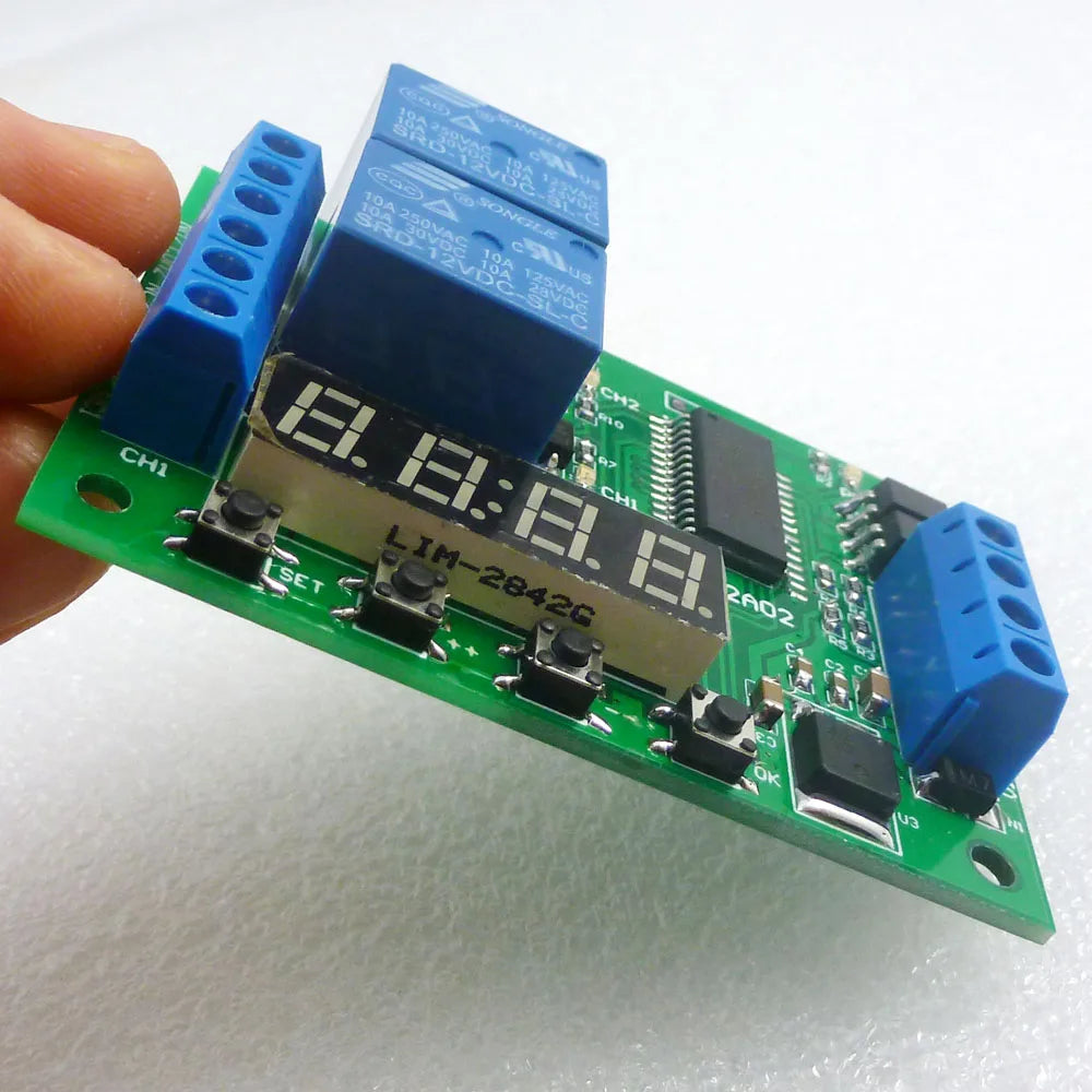 IO22A02 2CH 10A Multifunction Delay Timer Relay – DC 12V 6-Mode Programmable Timer Switch with 99H Range for PLC LED Motor Control