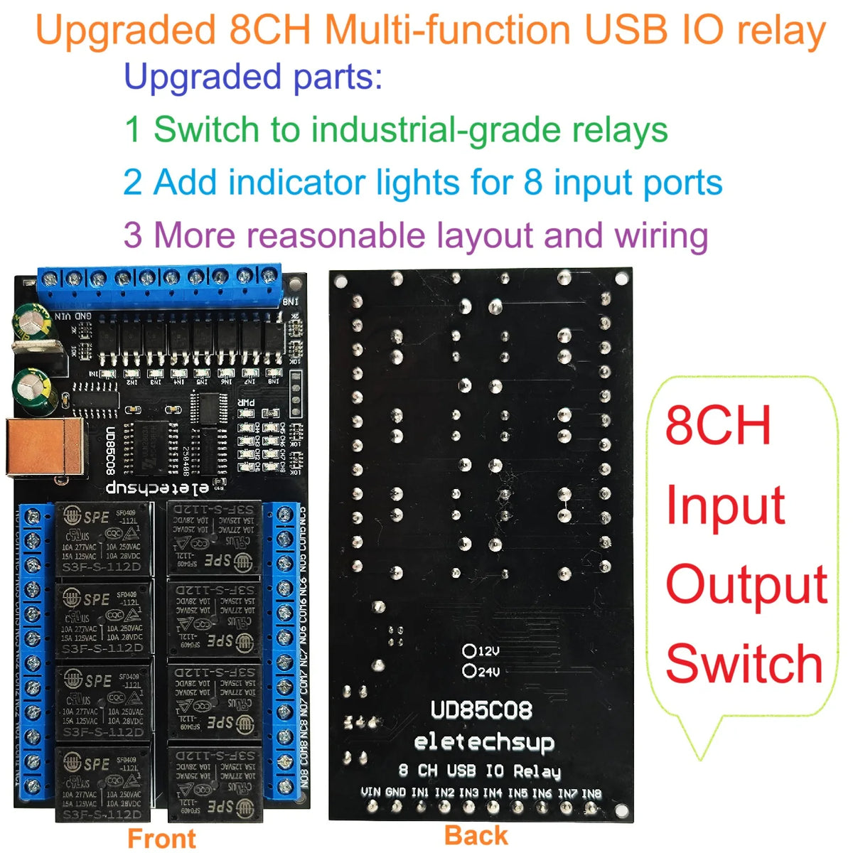 UD85C08 8-Channel USB UART Serial Relay Module with Digital Input/Output, DC 12V/24V for Windows, Linux, macOS and Android