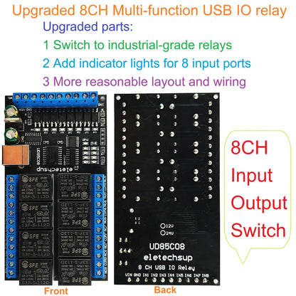 UD85C08 8-Channel USB UART Serial Relay Module with Digital Input/Output, DC 12V/24V for Windows, Linux, macOS and Android