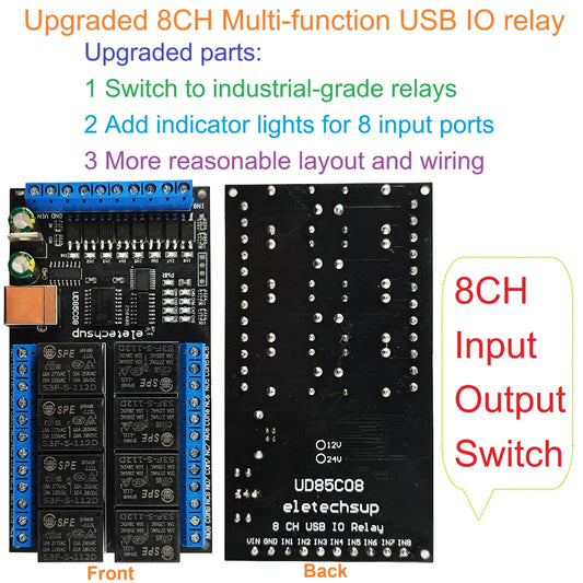 UD85C08 8-Channel USB UART Serial Relay Module with Digital Input/Output, DC 12V/24V for Windows, Linux, macOS and Android