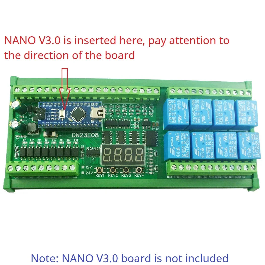 DN23E08/DN24F08 8DI-8AI-8DO IO Expansion Board for Arduino Nano V3.0 – RS485 Modbus RTU PLC Module with 4-20mA/0-10V Analog Input
