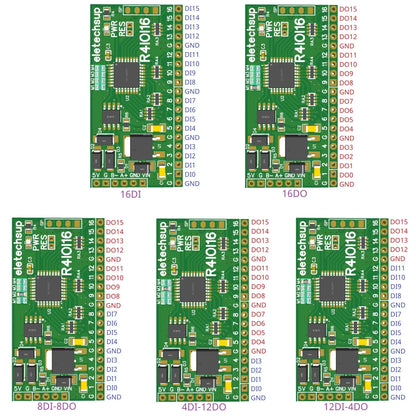 R4IOI16 16CH 5-in-1 Configurable Modbus RTU Digital IO Module – 16DI/16DO/8DI-8DO/4DI-12DO/12DI-4DO RS485 NPN/PNP Pin Core Board for PLC Expansion