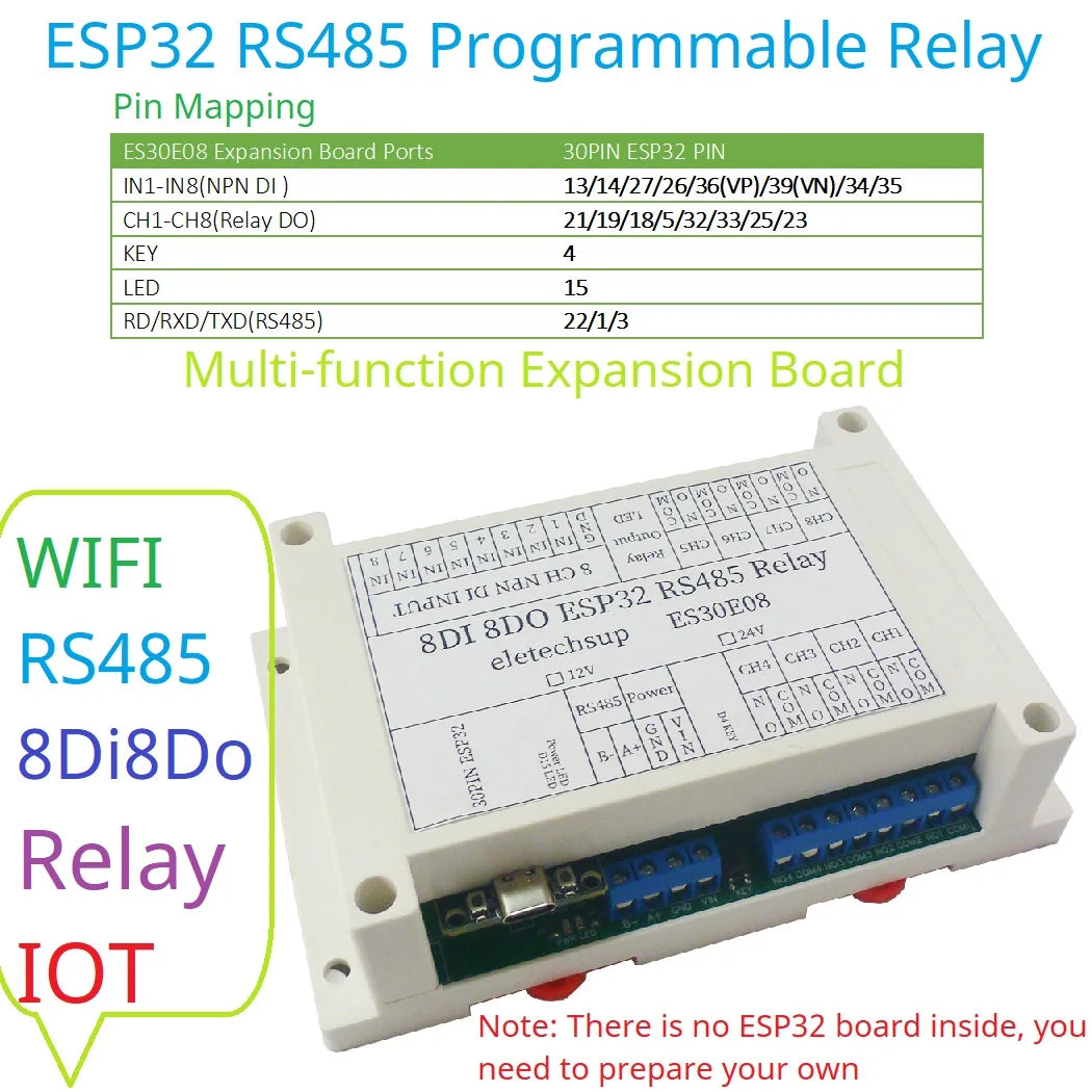 ES30E08 8CH 10A WiFi Relay Expansion Board – 30-Pin ESP32 Programmable Module with RS485 Modbus & 8DI for Smart Home IoT
