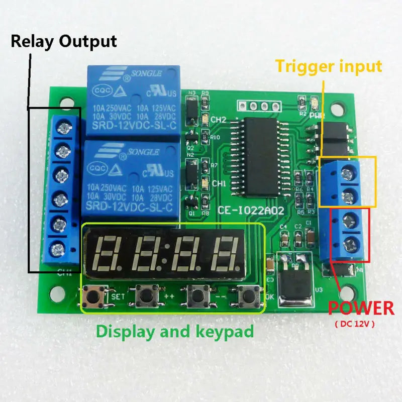 IO22A02 2CH 10A Multifunction Delay Timer Relay – DC 12V 6-Mode Programmable Timer Switch with 99H Range for PLC LED Motor Control