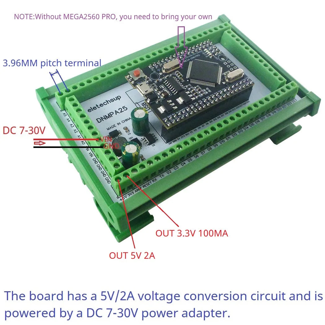 DNMPA25 DIN Rail Mount Screw Terminal Adapter – 12V/24V Expansion Board with 5V/2A DC-DC Converter for Arduino MEGA2560 Pro