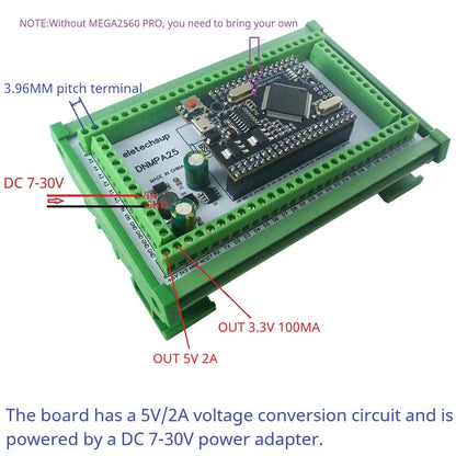 DNMPA25 DIN Rail Mount Screw Terminal Adapter – 12V/24V Expansion Board with 5V/2A DC-DC Converter for Arduino MEGA2560 Pro