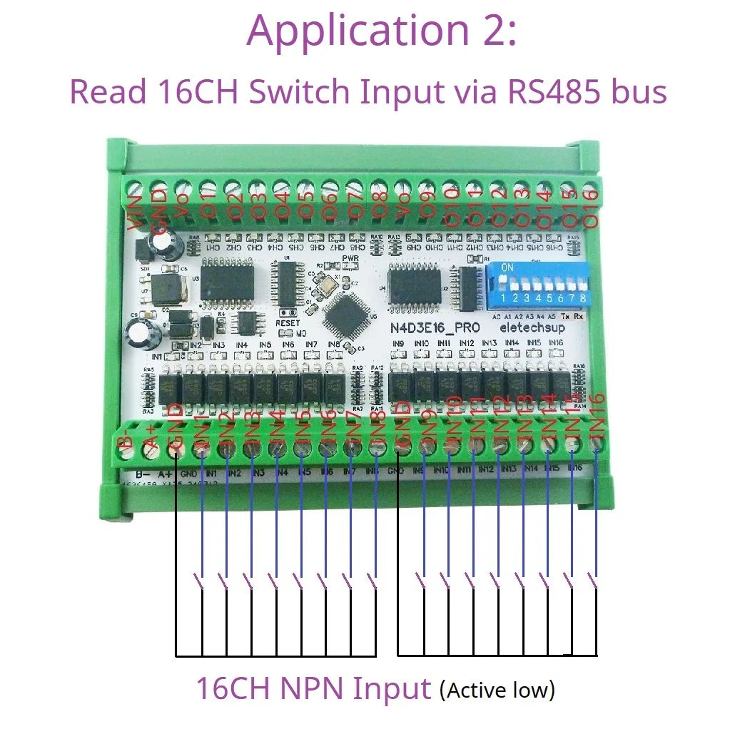 N4D3E16_PRO 16CH Bidirectional Digital IO Module – RS485 Modbus RTU Full-Duplex Transparent Transmission DIP Switch Board for PLC Expansion