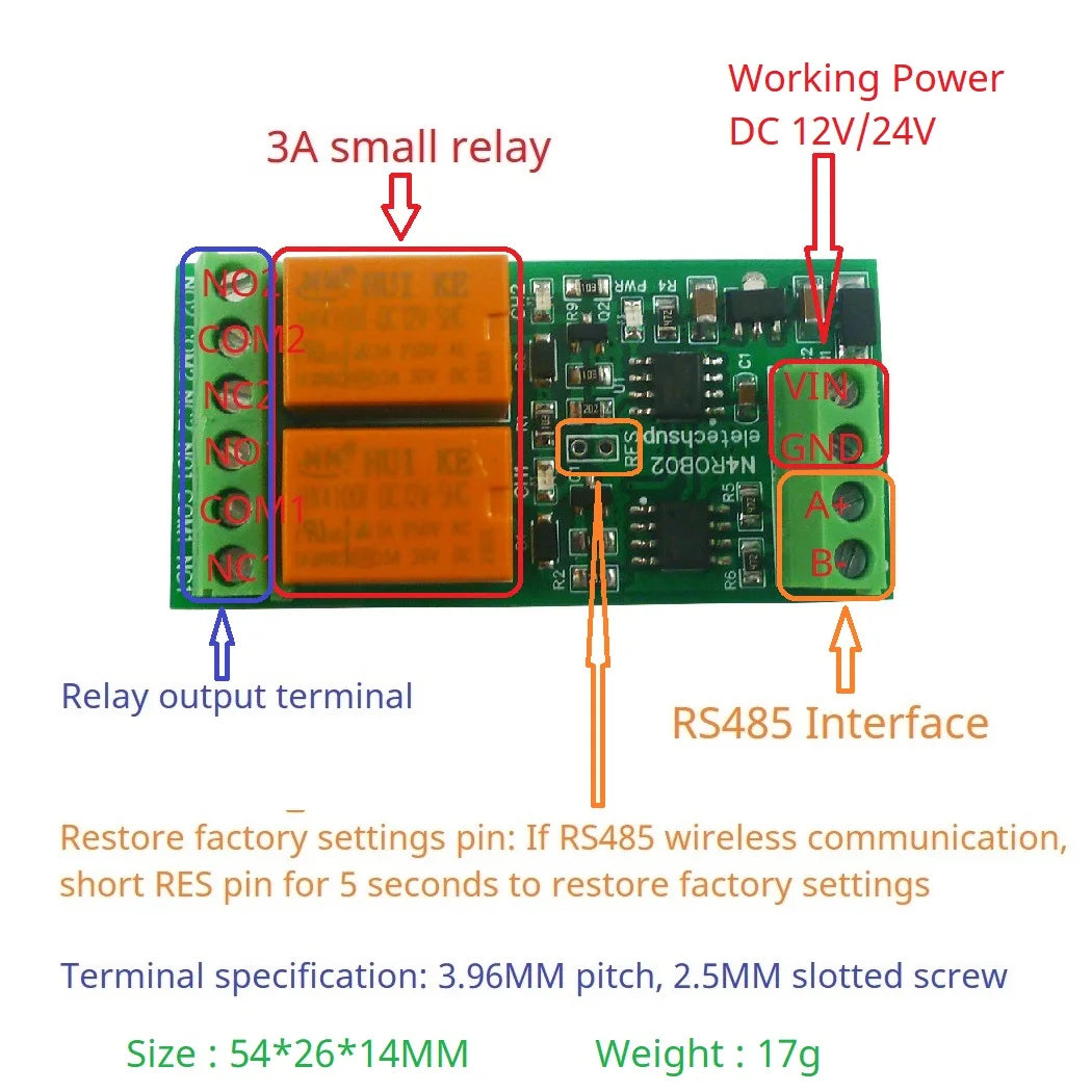 1-2CH 3A RS485 UART Relay Module – DC 12V/24V Serial Port Switch with Modbus RTU for PLC Arduino Smart Home