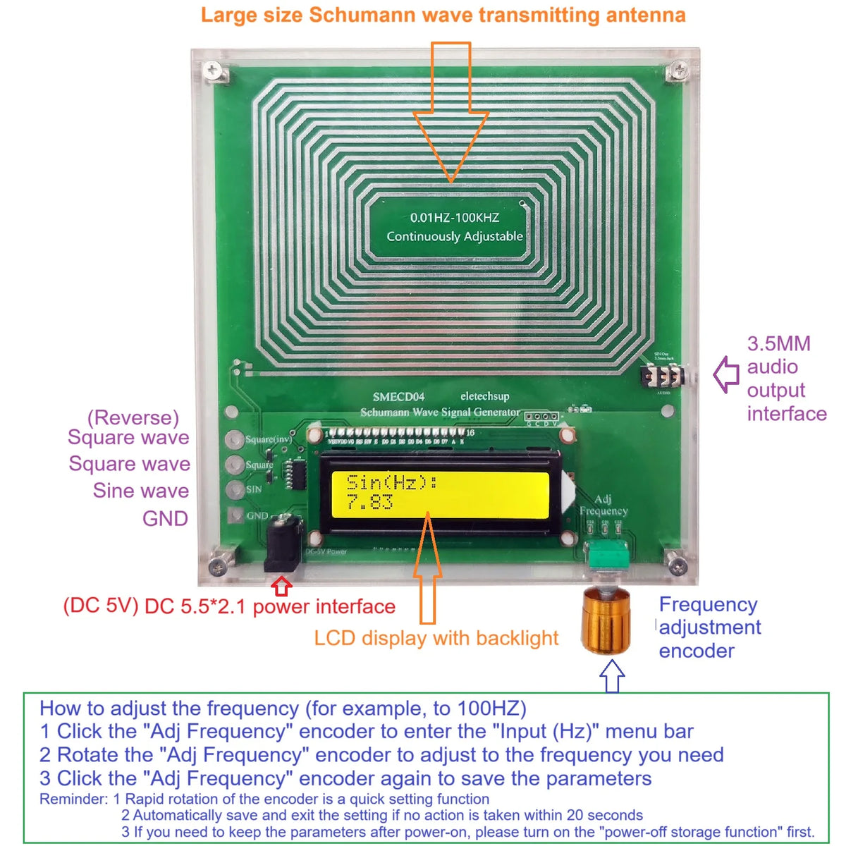 SMECD04 Adjustable 7.83 Hz Schumann Resonance Signal Generator, 0.01 Hz–100 kHz with Overvoltage, Overcurrent and Surge Protection