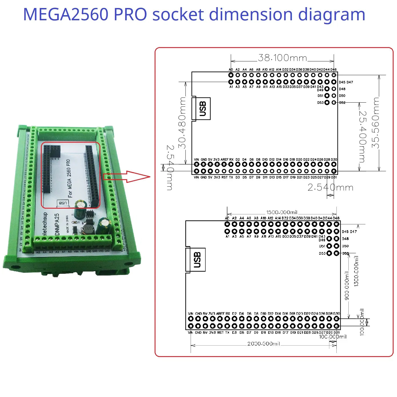 DNMPA25 DIN Rail Mount Screw Terminal Adapter – 12V/24V Expansion Board with 5V/2A DC-DC Converter for Arduino MEGA2560 Pro