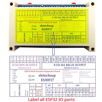 ES30F27 ESP32 Industrial DIN Rail Expansion Board – 8DI 8DO 10A Relay 7ADC RS485 I2C SPI GPIO for PLC IoT Automation