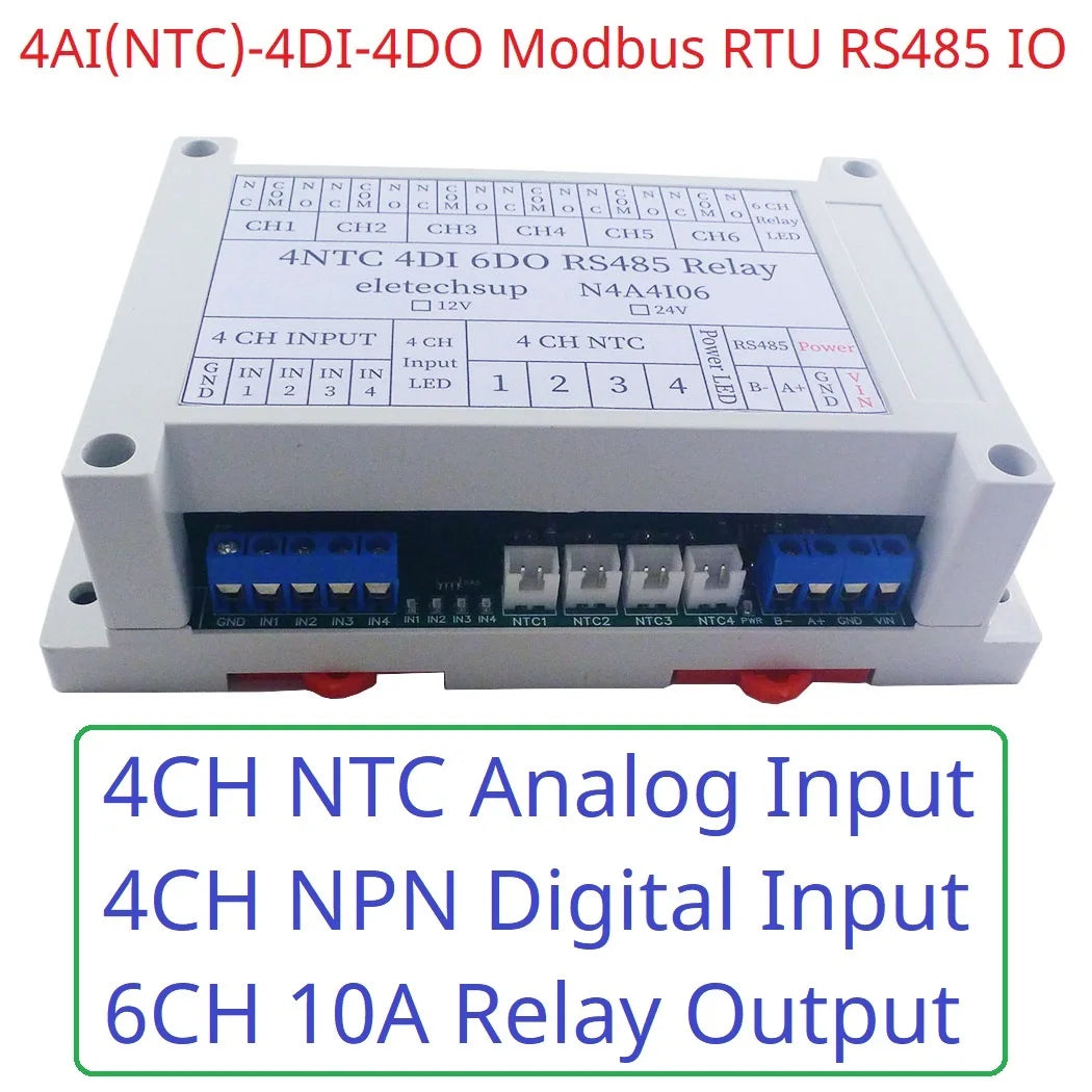 N4A4I06 4AI-4DI-6DO NTC Temperature Collector – 14CH RS485 Modbus RTU PLC IO Expansion Board with 10A Relay Output for Industrial Automation