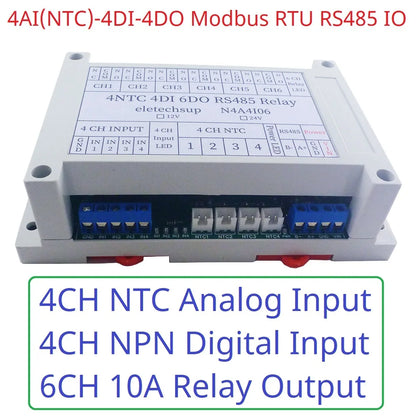 N4A4I06 4AI-4DI-6DO NTC Temperature Collector – 14CH RS485 Modbus RTU PLC IO Expansion Board with 10A Relay Output for Industrial Automation