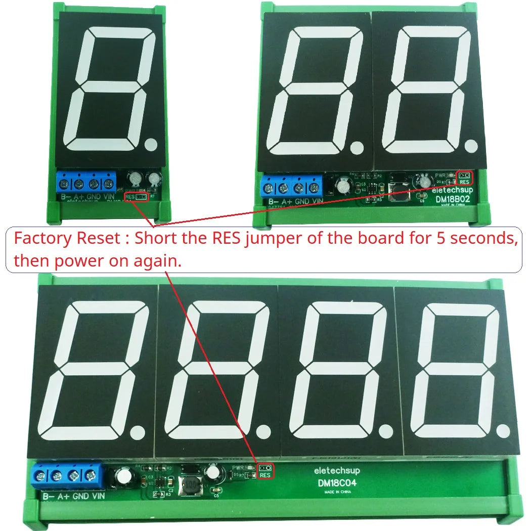 DM18A01 DM18B02 DM18C04 1.8 RS485 Modbus RTU LED Display Module – DC 12V/24V Digital Tube Panel Meter for PLC HMI Industrial Automation