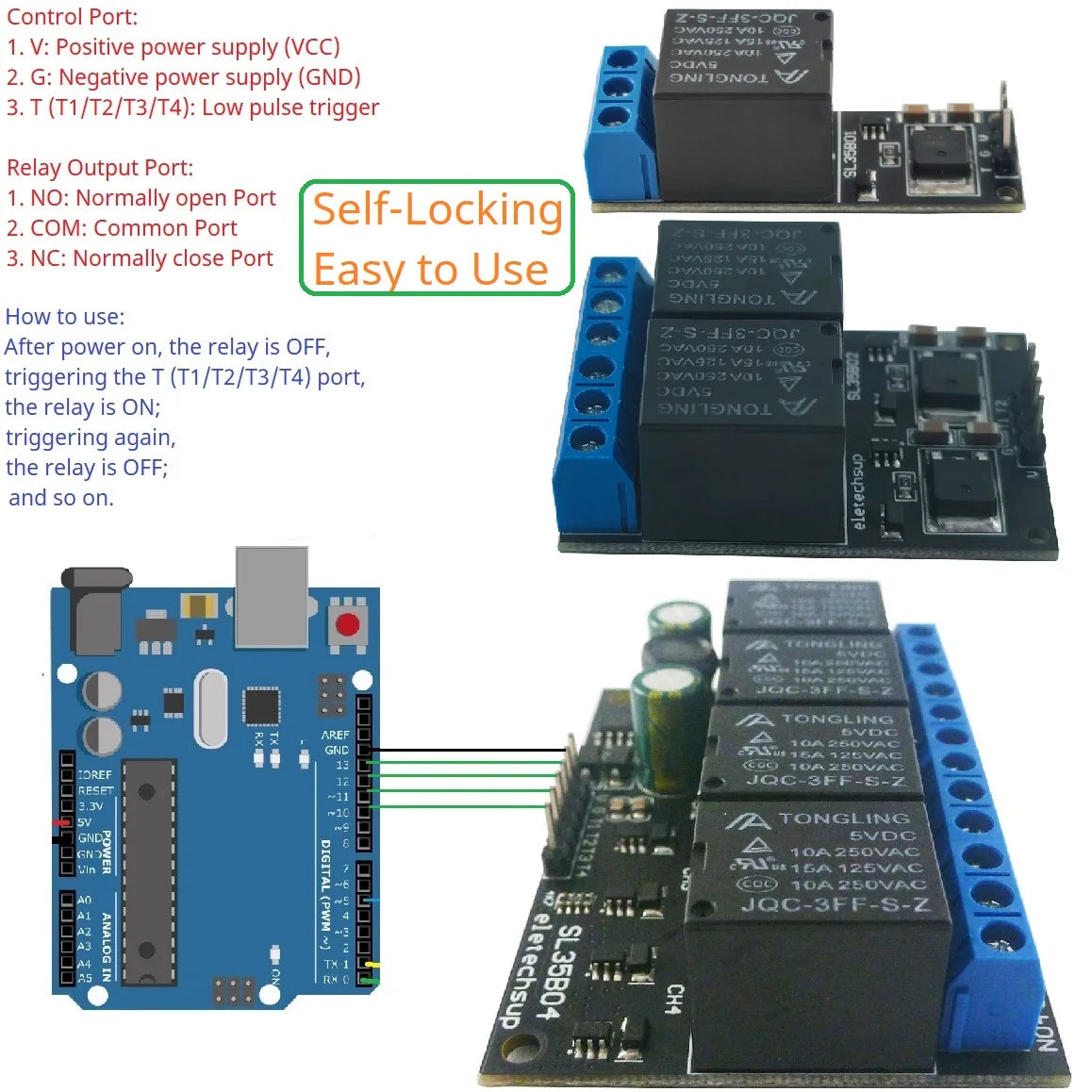 SL35B01/SL35B02/SL35B04 1-4CH Flip-Flop Relay Module – DC 5-24V Bistable Self-Locking Switch with 10A Output for Arduino UNO Raspberry Pi ESP32