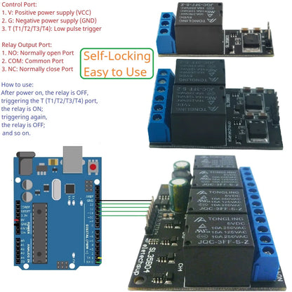 SL35B01/SL35B02/SL35B04 1-4CH Flip-Flop Relay Module – DC 5-24V Bistable Self-Locking Switch with 10A Output for Arduino UNO Raspberry Pi ESP32