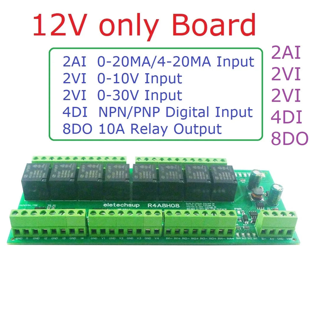 R4A8H08 RS485 Modbus RTU PLC I/O Module with 8 Relay Outputs, 4 Digital Inputs and 8 Analog Inputs for 4–20mA and 0–10V Signals