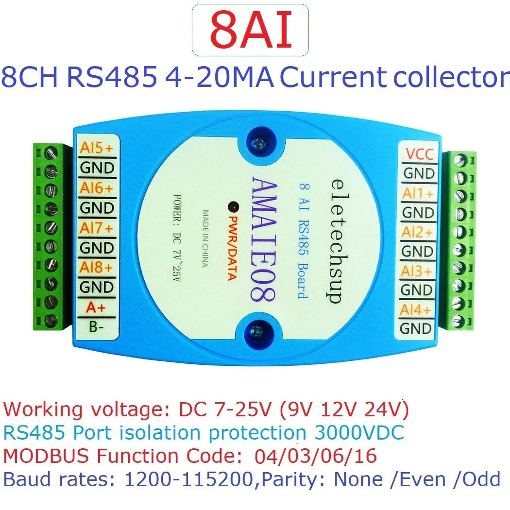 AMAIE08 8CH 4-20mA to RS485 Current Collector – Modbus RTU Analog Input Module for 3-Wire Sensor PLC Industrial Automation